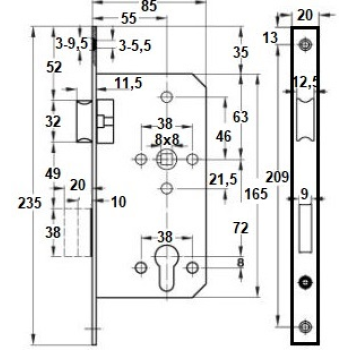 Slēdzene LOB ASSA ABLOY Z755 PZ72/55 kvadrāta planka maisiņā 
