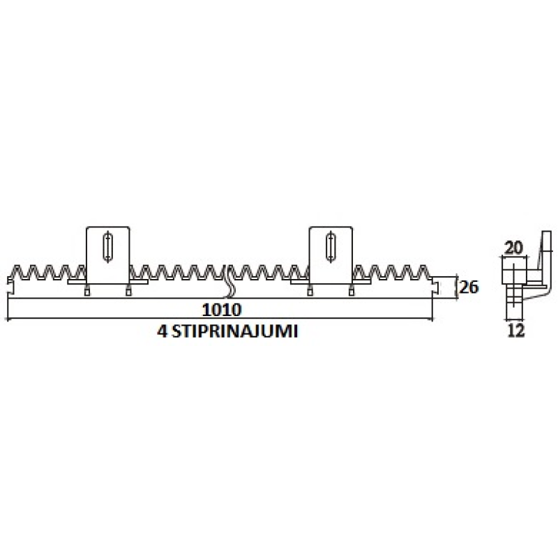 Zobliste/Zobstiene 822 PVC ar stiprinājumu vartu automatikai, 4 stiprinājumi, 1m CT03B